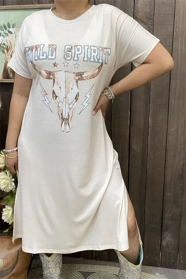 XCH13184  Bull " WILD SPIRIT"printed beige background fabric side slits short sleeve women long dress(AS8)