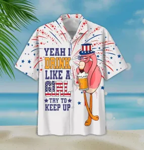 Yeah I Drink Like A Girl Charming Flamingo And Beer White Theme Hawaiian Shirt