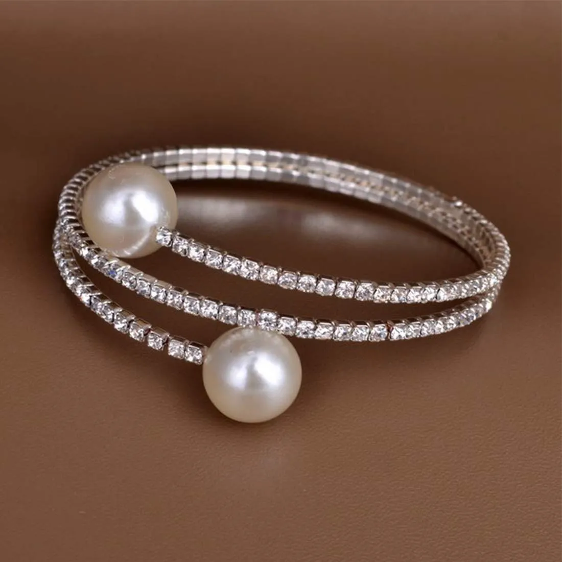 Yellow Chimes Elegant Pearl Multilayer Crystal Open Stretchable Bridal Bangles Silver Plated Cuff Bracelet for Women and Girl's