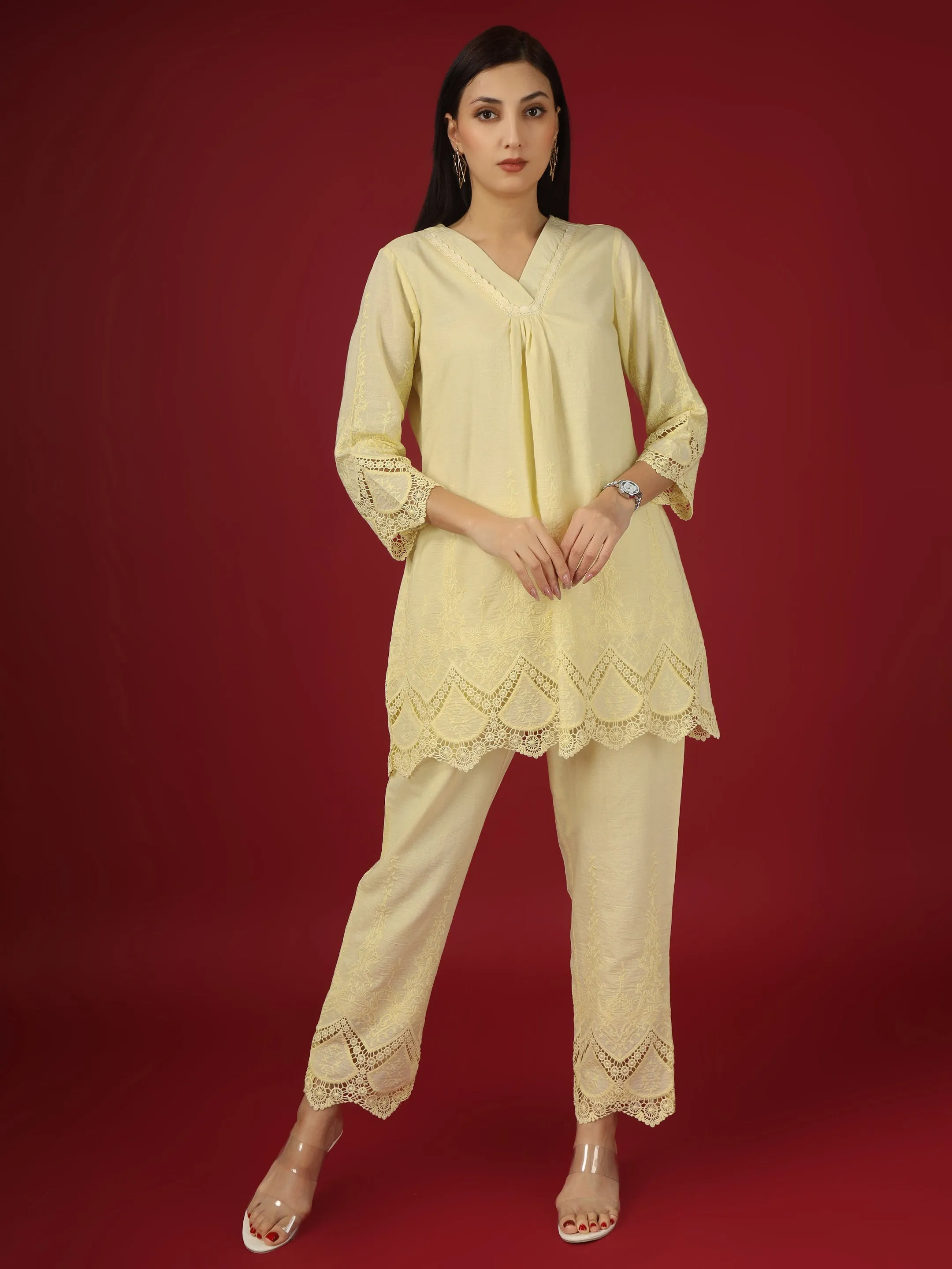 Yellow Embroidered Cotton Kurta with Pants- Set of 2