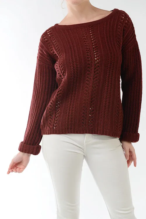 Yemak Women's Long Sleeve Crochet Knitted Sweater Top with Rolled Cuffs HB2052