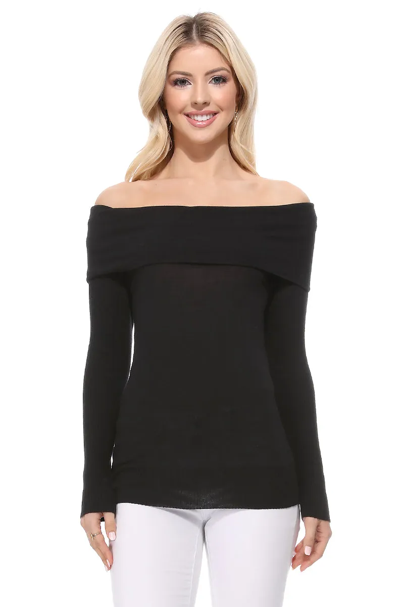 Yemak Women's Long Sleeve Fold Over Off Shoulder Top MK3598