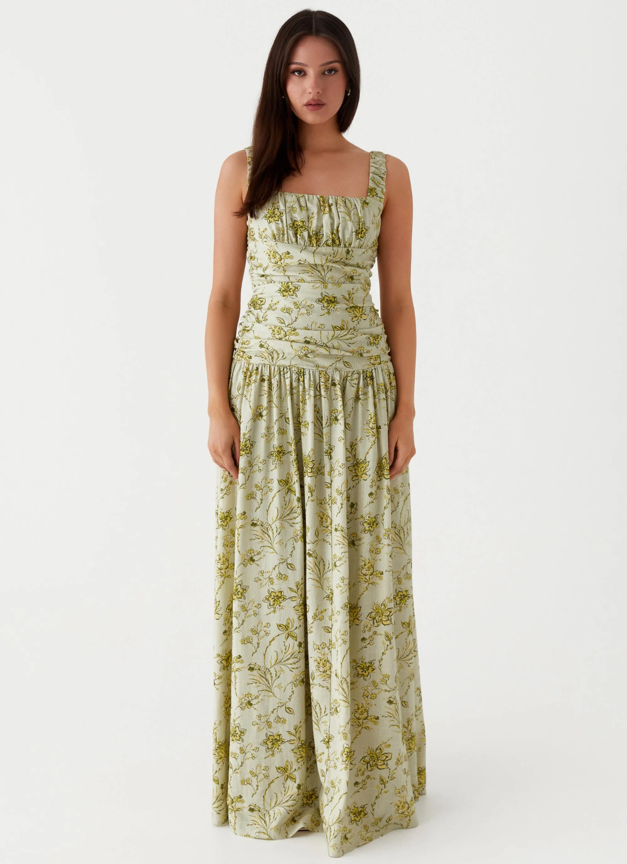 Zinna Linen Maxi Dress - Sage Floral