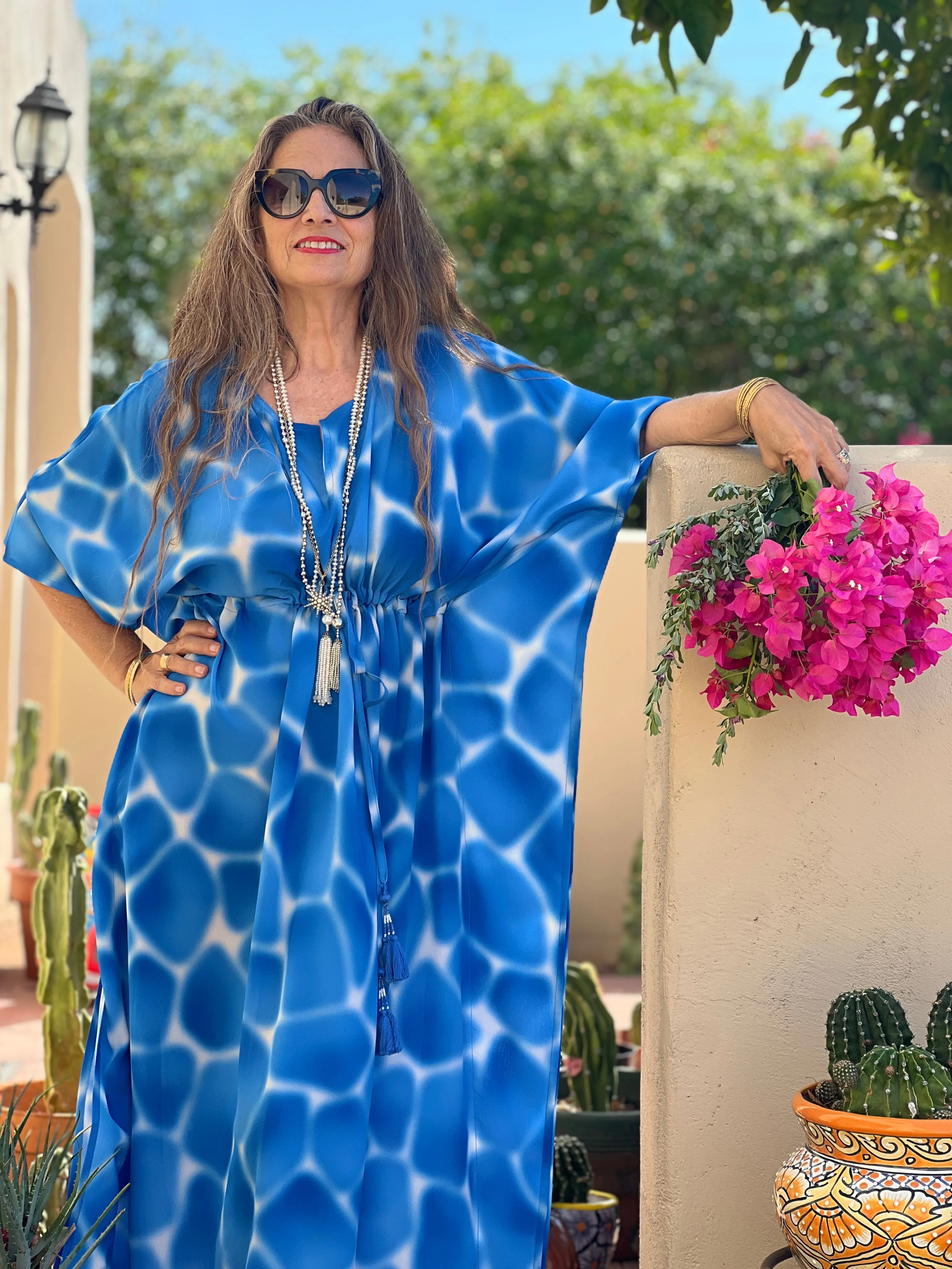 Zirafa Giraffa Pool Blue Italian Silk Maxi Kaftan Dress